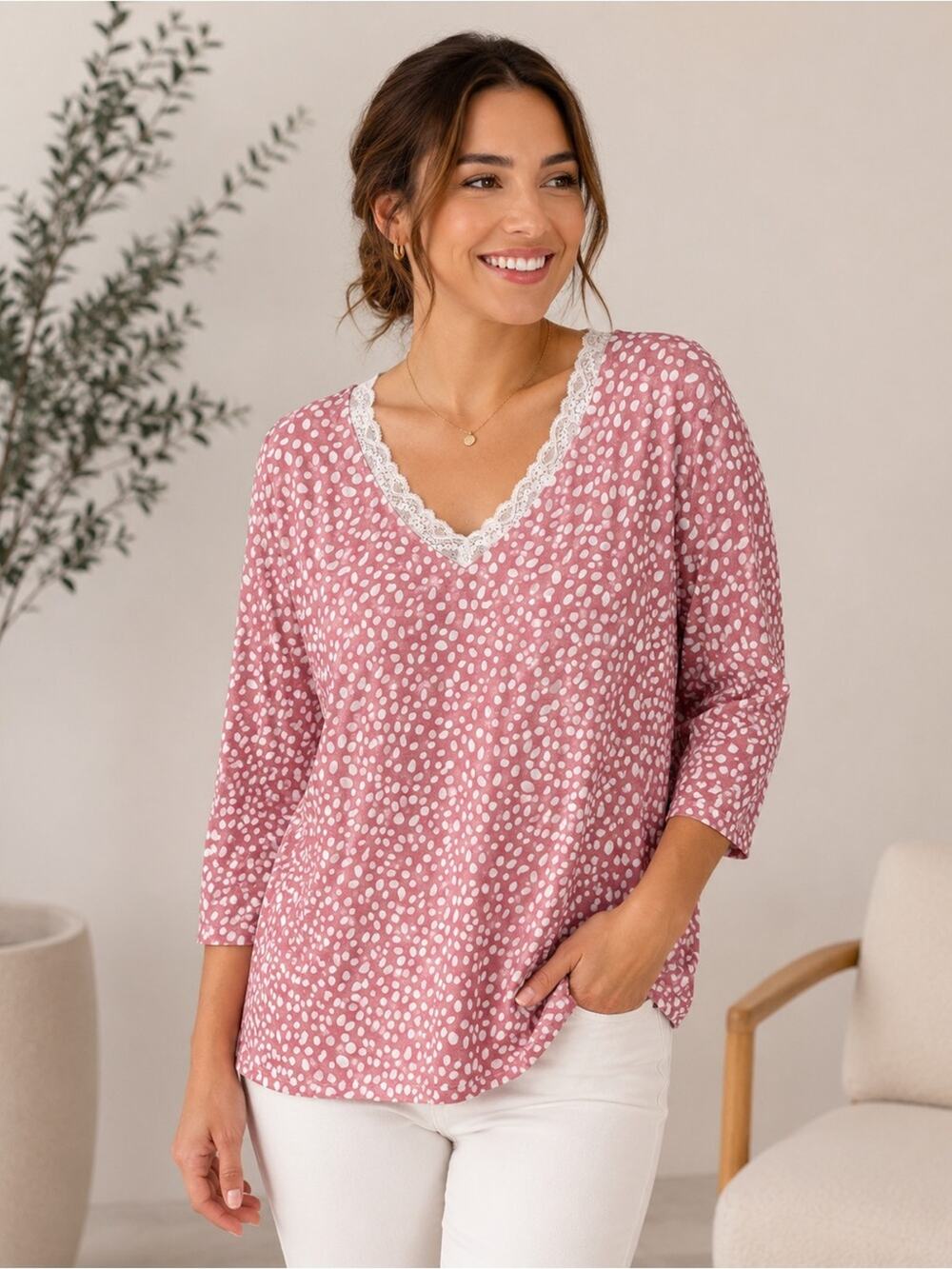 Wiholl Pink Printed Lace Trim Top Size XXL